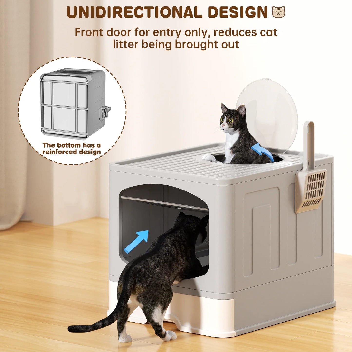 Large Foldable Cat Litter Box with Scoop, Front Entry Top Exit Cat Litter Pan with Lid, Enclosed Anti-Splashing Kitty Litter Box, Drawer Type Cat Litter Easy Cleaning and Scoop, Blue