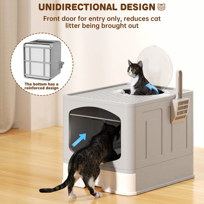 Large Foldable Cat Litter Box with Scoop, Front Entry Top Exit Cat Litter Pan with Lid, Enclosed Anti-Splashing Kitty Litter Box, Drawer Type Cat Litter Easy Cleaning and Scoop, Blue