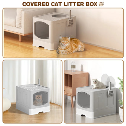 Large Foldable Cat Litter Box with Scoop, Front Entry Top Exit Cat Litter Pan with Lid, Enclosed Anti-Splashing Kitty Litter Box, Drawer Type Cat Litter Easy Cleaning and Scoop, Blue