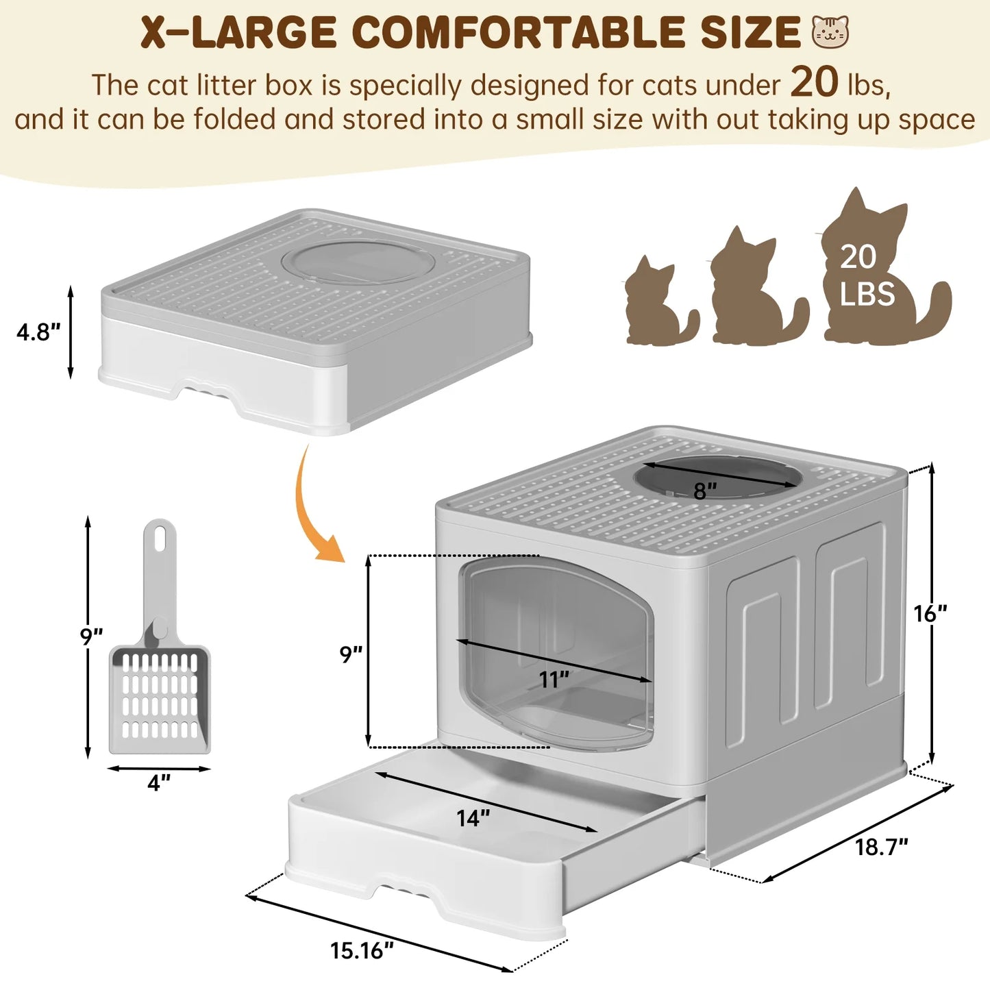 Large Foldable Cat Litter Box with Scoop, Front Entry Top Exit Cat Litter Pan with Lid, Enclosed Anti-Splashing Kitty Litter Box, Drawer Type Cat Litter Easy Cleaning and Scoop, Blue