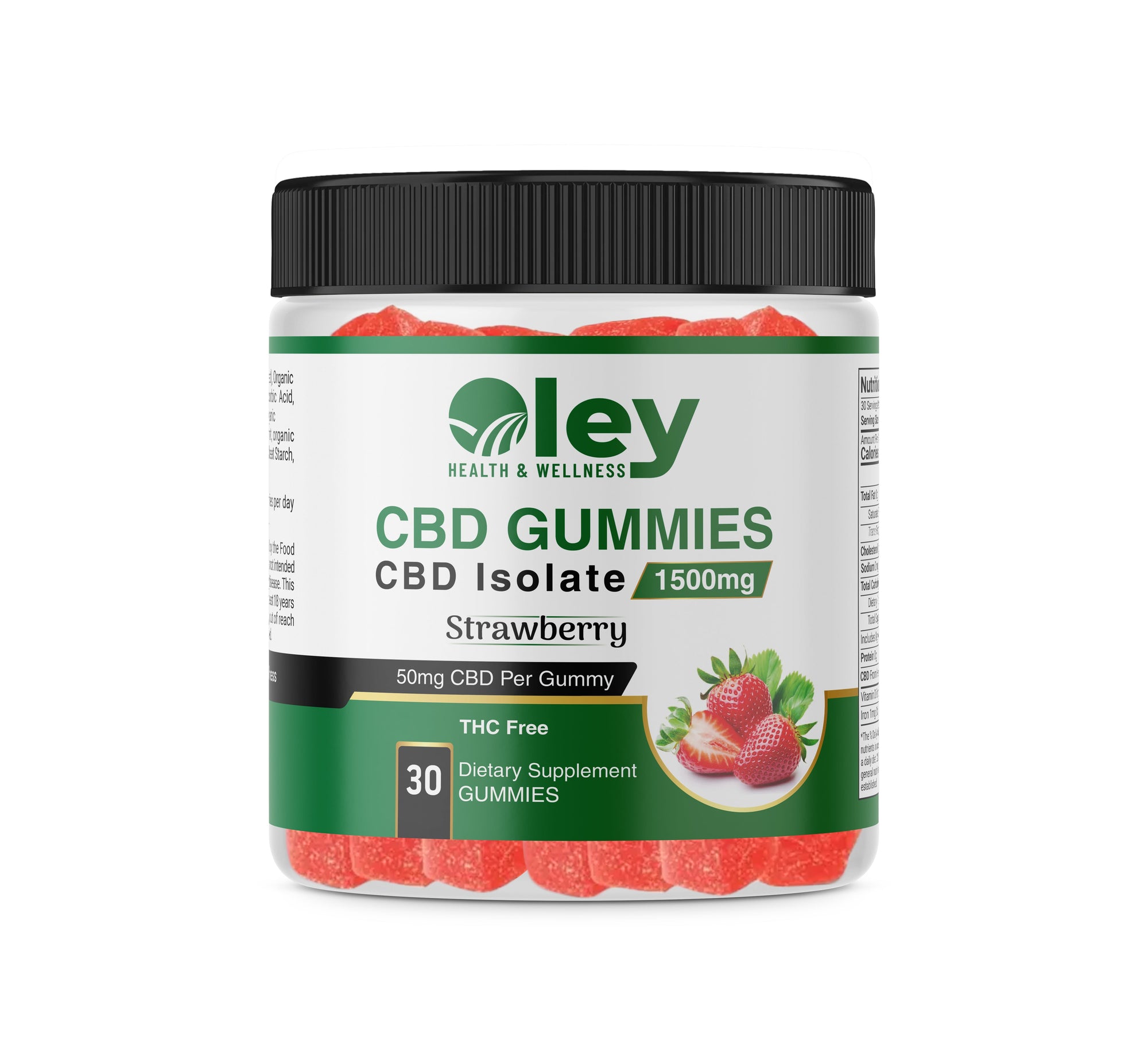 Container of Oley Health & Wellness CBD Isolate Gummies, THC Free, 50mg per gummy, strawberry flavor, 30 gummies per bottle