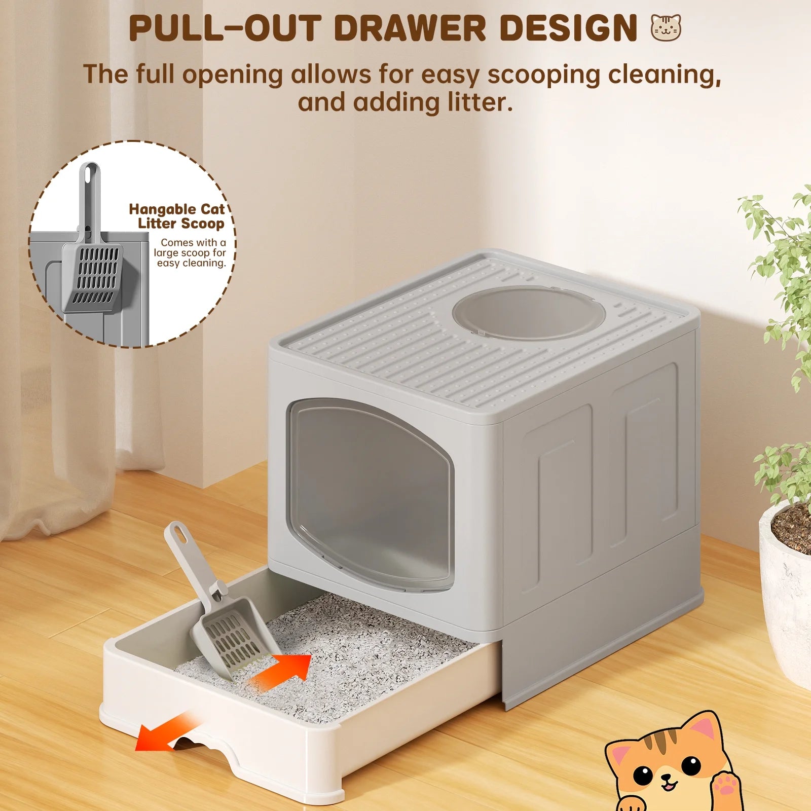 Large Foldable Cat Litter Box with Scoop, Front Entry Top Exit Cat Litter Pan with Lid, Enclosed Anti-Splashing Kitty Litter Box, Drawer Type Cat Litter Easy Cleaning and Scoop, Blue