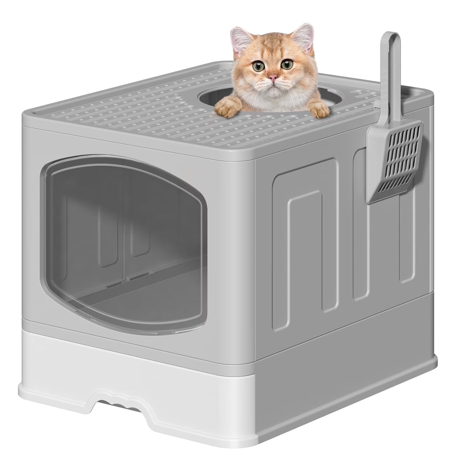 Large Foldable Cat Litter Box with Scoop, Front Entry Top Exit Cat Litter Pan with Lid, Enclosed Anti-Splashing Kitty Litter Box, Drawer Type Cat Litter Easy Cleaning and Scoop, Blue
