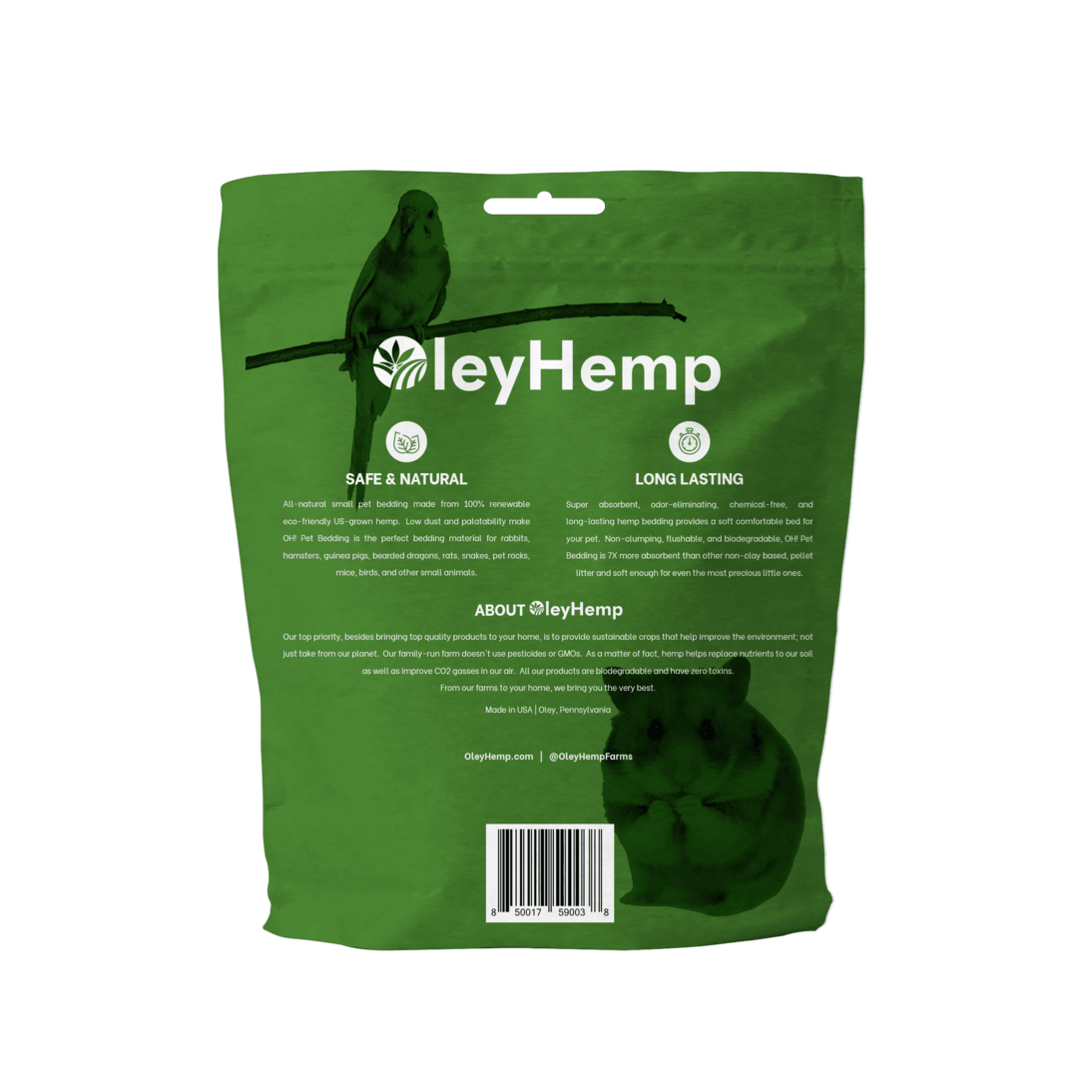 OleyHemp natural pet bedding packaging, 100% biodegradable and made from USDA organic US-grown hemp.